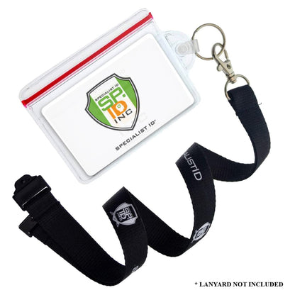 Clear Soft Horizontal Fuel Card or ID Badge Holder w/ Zipper Closure & Key Ring 506-ZHKR with a black Specialist ID-matching lanyard clip, featuring a plastic clasp. Text at the bottom right states, "* Lanyard not included.