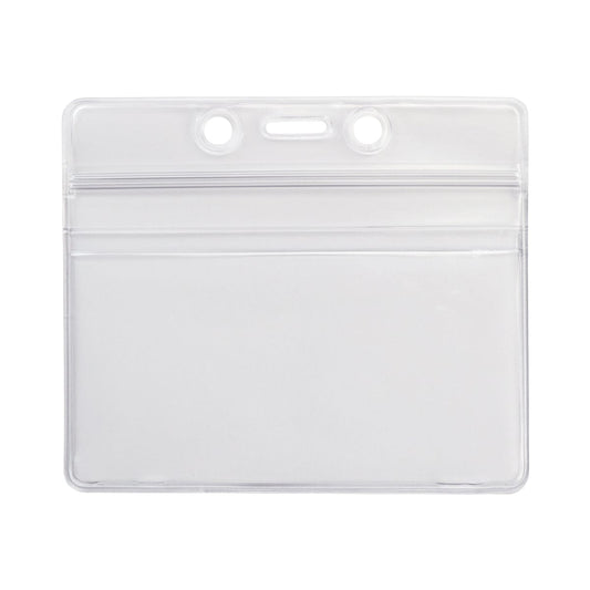 A Horizontal Vinyl Badge Holder with Zipper Top (506-ZHOS-CLR) with two round holes and one rectangular slot at the top for attaching lanyards or clips, providing excellent ID card protection.