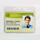 Department of Natural Resources ID badge with a photo of a man, labeled "Maxwell Tyson, Dept. Director," and including state ID number #7984746392-DNR. The badge is securely placed in a Horizontal Vinyl Badge Holder with Zipper Top (506-ZHOS-CLR) for enhanced ID card protection.