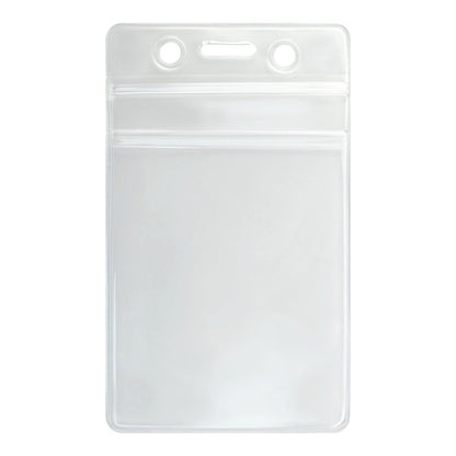 A Clear Vertical Vinyl Badge Holder with Zipper (506-ZS-CLR) and three holes at the top for attachment ensures reliable ID badge security.