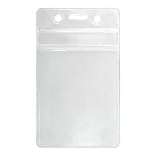 A Clear Vertical Vinyl Badge Holder with Zipper (506-ZS-CLR) and three holes at the top for attachment ensures reliable ID badge security.