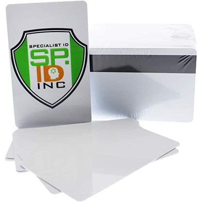 A stack of blank white plastic cards made of high-quality PVC, with one Standard CR80 30mil Card w/ HiCo Mag Stripe in front featuring the logo and name of "Specialist ID Inc.