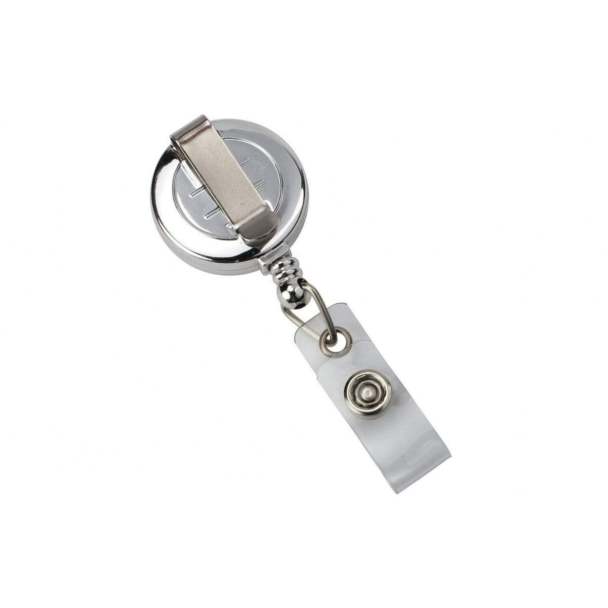 White Round Badge Reels with Silver Sticker & Belt Clip - Qty. 25 