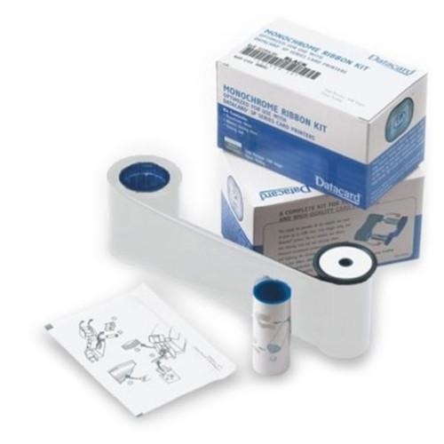 A Datacard 532000-004 White Monochrome Ribbon & Cleaning Kit for ID card printers, including a ribbon spool, an instruction manual, and a small additional component. The packaging features "Datacard" branding along with product details and compatibility information for various Datacard printer models.