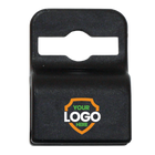 A black plastic clip with an opening at the top, featuring a shield-shaped emblem and the text "Your Logo Here" at the bottom – perfect for custom ID card grippers and brand awareness promotion such as the Custom Printed Gripper 30 Card Clamp (5710-305X) - Brand it!