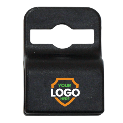 A black plastic clip with an opening at the top, featuring a shield-shaped emblem and the text "Your Logo Here" at the bottom – perfect for custom ID card grippers and brand awareness promotion such as the Custom Printed Gripper 30 Card Clamp (5710-305X) - Brand it!