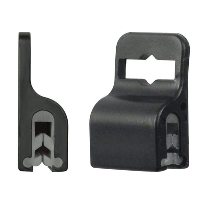 Two black plastic clips with a rectangular cutout and interior locking mechanism, perfect as a Gripper 30 Card Clamp (P/N 5710-3050 Black & 5710-3058 White) for slot hole punched cards, one shown from the side and the other from the front.