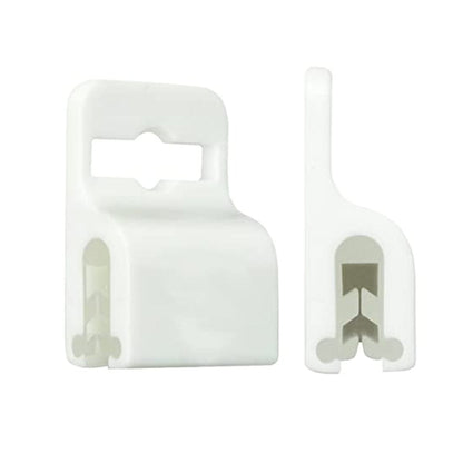 Two white plastic brackets with slots and clips designed for organizing or securing wires or cables, ideal for use with Gripper 30 Card Clamp (P/N 5710-3050 Black & 5710-3058 White).