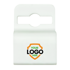 A white plastic clip with a hole at the top for hanging. It features a shield design with "YOUR LOGO HERE" text in the center, perfect for brand awareness promotion. Sold by Specialist ID.