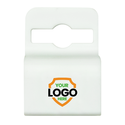 A white plastic clip with a hole at the top for hanging. It features a shield design with "YOUR LOGO HERE" text in the center, perfect for brand awareness promotion. Sold by Specialist ID.