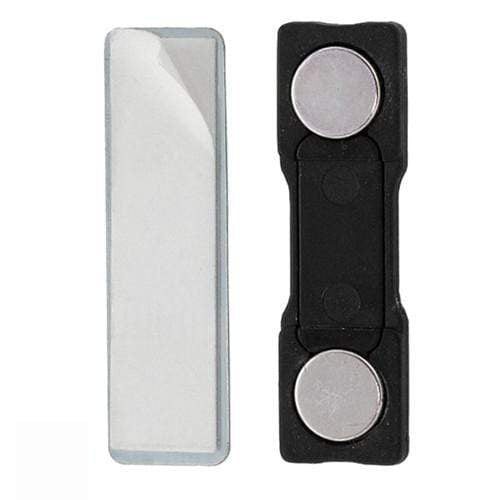 Secure badge display featuring a Magnetic Badge Holder with Dual Magnets & Zinc-Plated Steel Plate - 5730-3010 on a black plastic backing and a rectangular zinc-plated steel plate.