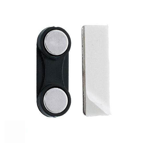 A black Adhesive Magnetic Badge Holder with Dual Magnets & Steel Plate - 5730-3015 next to a white adhesive strip, offering a strong hold while protecting delicate fabrics.