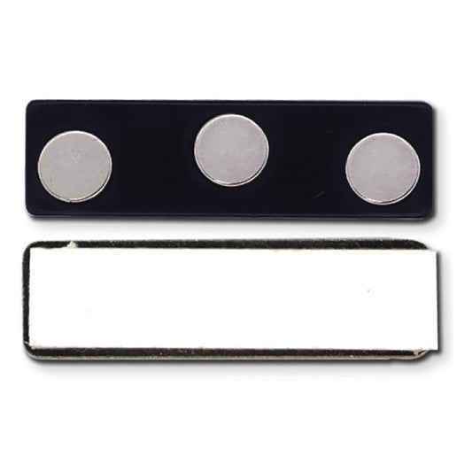 A rectangular, lightweight Magnetic Badge Finding, 3 Round Magnets (P/N 5730-3040) with a secure grip, featuring three round magnets on a black surface and a white adhesive strip on the backside.