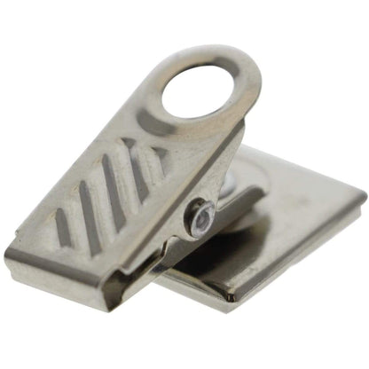 A Pressure-Sensitive Adhesive Back Nickel-Plated Clip, 1-Hole Ribbed Face (P/N 5735-2000) with an adhesive back and a flat base, featuring a hole at the top, designed for holding papers or small objects. Perfect for DIY projects.