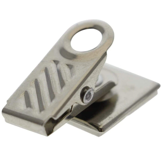 A Pressure-Sensitive Adhesive Back Nickel-Plated Clip, 1-Hole Ribbed Face (P/N 5735-2000) with an adhesive back and a flat base, featuring a hole at the top, designed for holding papers or small objects. Perfect for DIY projects.