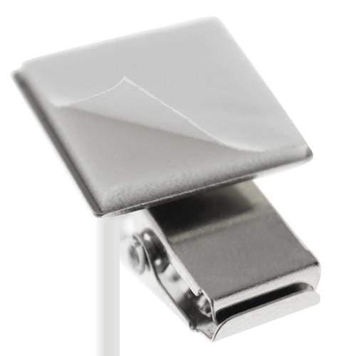 A small, square-shaped nickel-plated clip with a smooth, reflective surface. Ideal for DIY projects, this Pressure-Sensitive Adhesive Back Nickel-Plated Clip, 1-Hole Ribbed Face (P/N 5735-2000) is perfect for fastening papers or securing small items.