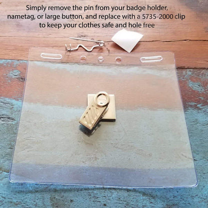 Clear badge holder with instructions on using a 5735-2000 clip to keep clothes safe and hole-free by removing the pin from a badge holder or nametag, replacing it with a Pressure-Sensitive Adhesive Back Nickel-Plated Clip, 1-Hole Ribbed Face (P/N 5735-2000)—making your Bulldog Badge Holders secure and stylish.