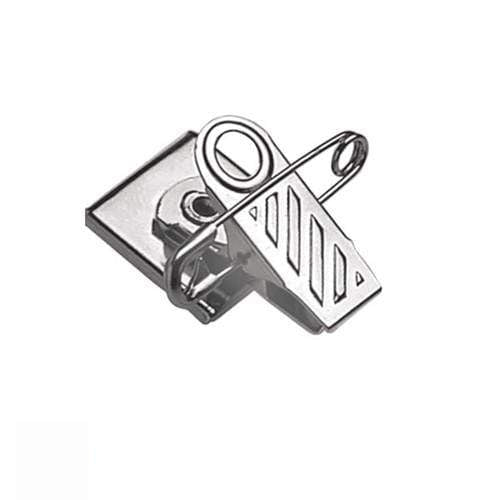 An Adhesive Back (Pressure-Sensitive) Nickel-Plated Pin/Clip Combination (P/N 5735-2050) with a triangular handle and rectangular base, perfect for securing papers. This versatile tool can also function as a clever clip and pin badge holder.