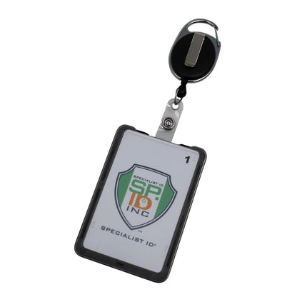 A Hard Plastic 3 Card Badge Holder with Badge Reel - Retractable ID Lanyard Features Belt Clip & Carabiner - Rigid Vertical CAC Holder - Top Load Holds Three Cards by SpecialistID featuring a white card displaying the "Specialist ID" logo, designed to securely hold up to 3 cards.