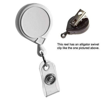 A MINI-BAK #66 White Retractable Reel with 36” Nylon Cord, Vinyl ID Strap and Swivel Clip 0066-005. The clip is displayed in a smaller image on the top right. This badge holder also features a durable nylon cord for extended use.
