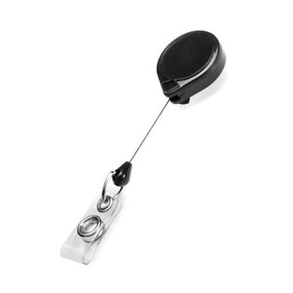 A black MINI-BAK #67 Black Retractable Reel with 36” Nylon Cord, Vinyl ID Strap and Swivel Clip 0067-005.