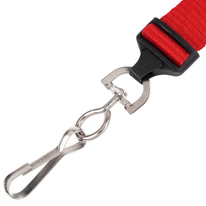 Close-up of a metal clasp attached to a red fabric strap, featuring a silver hook at the end and a black plastic connector, perfect for DIY face mask lanyards or customized keychains with Premium Metal Swivel J Hook Clips with 1/2 Inch D Ring - Great for DIY Lanyards & Crafts (6920-2300).