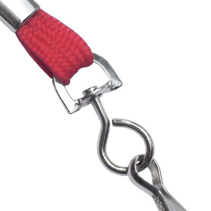 Close-up image of a red nylon lanyard with a metal clasp and Premium Metal Swivel J Hook Clips with 1/2 Inch D Ring - Great for DIY Lanyards & Crafts (6920-2300) attached, isolated on a white background.