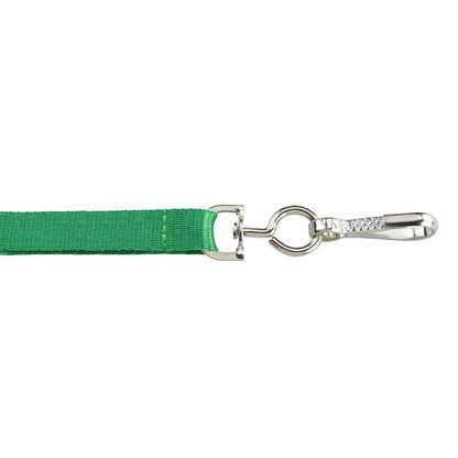 Close-up of a green nylon strap with a silver metal clasp and Premium Metal Swivel J Hook Clips with 1/2 Inch D Ring - Great for DIY Lanyards & Crafts (6920-2300) at one end, isolated on a white background.