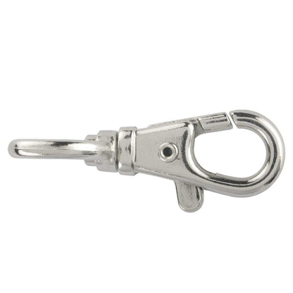 A Premium Metal Lobster Claw Clasps with Wide ¾ Inch D Ring and 360 Swivel Snap Clasp Trigger ID / Key Clip (6920-2360) with a spring-loaded gate and a swiveling eyelet end, perfect for lanyard making.