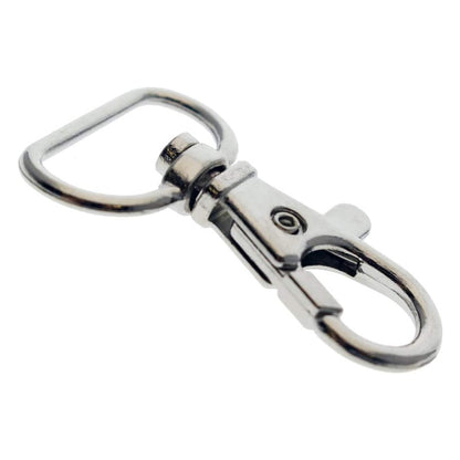 A Premium Metal Lobster Claw Clasp with Wide ¾ Inch D Ring and 360 Swivel Snap Clasp Trigger ID / Key Clip (6920-2360), perfect for lanyard making, features a rectangular loop and a spring-loaded clasp.