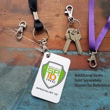 A Specialist ID badge attached to a black lanyard, shown with additional lanyards, nickel-plated steel key holders, and Premium Metal Lobster Claw Clasp Hook Craft Findings - 1.5 Inch Clip with Trigger Snap and Round Eye Swivel D Ring for reference. Text reads: "Additional Items Sold Separately Shown for Reference.