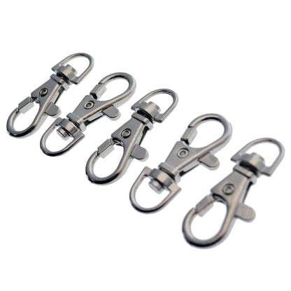Five Premium Metal Lobster Claw Clasp Hook Craft Findings - 1.5 Inch Clip with Trigger Snap and Round Eye Swivel D Ring, perfect for crafting and jewelry making, are arranged in a row on a white background.