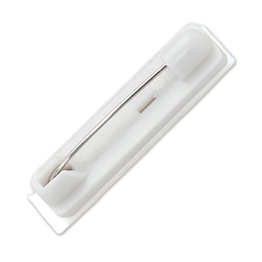 A Pressure-Sensitive 1 1/4 inch Plastic Adhesive Bar Pin - Badge & Craft Accessory (P/N 6920-3605) encapsulated in a white plastic casing, perfect as a badge accessory.