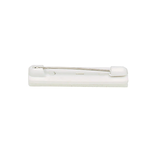 A white plastic Safety Locking Adhesive Bar Pin - Badge & Craft Accessory 6920-3655 with a metal pin attached, perfect for use as a badge and craft accessory.