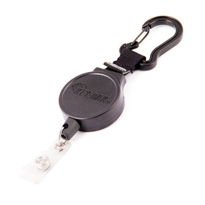 A black KEY-BAK Mid Size Retractable ID Carabiner (6CID) with a plastic clip and a sturdy, heavy-duty carabiner attached. It features "KEY-BAK" embossed on it.