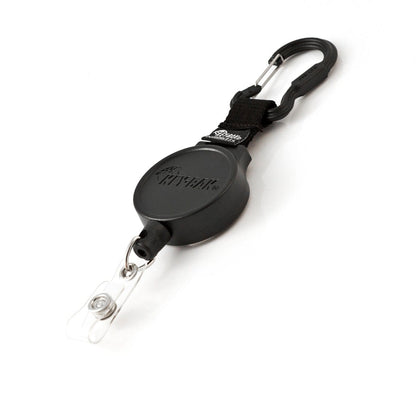 A black retractable badge holder with a carabiner clip and a clear plastic strap, featuring a round branded casing. This KEY-BAK Mid Size Retractable ID Carabiner (6CID) ensures durability and convenience for everyday use.