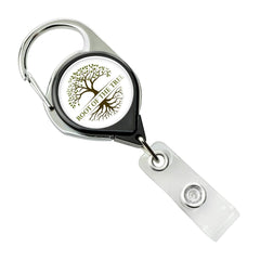 A silver and black retractable badge reel featuring a tree logo with "Root of the Tree" text. The clip end is designed to hold an ID or badge, making it a perfect Custom Printed No Twist Carabiner Badge Reel - Upload Your Logo for daily use.