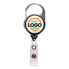 A Custom Printed No Twist Carabiner Badge Reel - Upload Your Logo, featuring space for a personalized logo inside a shield outline. The custom badge reels add a touch of professionalism to any attire.