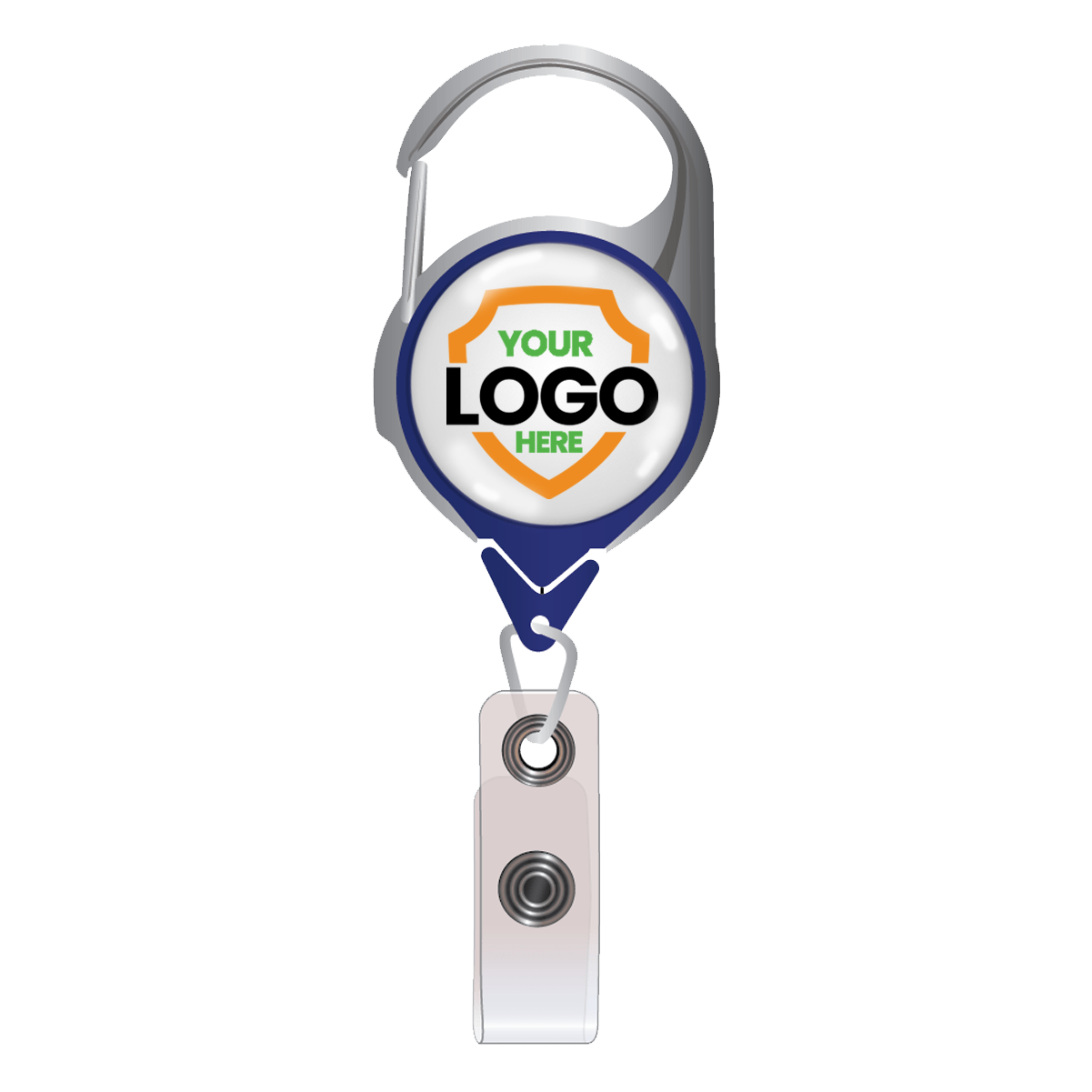 A Custom Printed No Twist Carabiner Badge Reel - Upload Your Logo with a clip, featuring a personalized logo area, perfect for custom badge reels. Sold by Specialist ID.