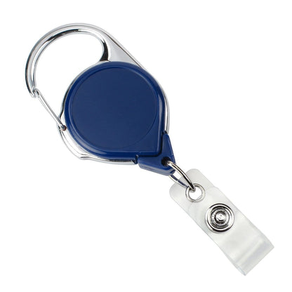 A Carabiner No Twist Badge Reel (P/N 704-CB) with a blue metal carabiner clip and clear plastic strap, featuring a no twist design that ends in a snap button attachment. Sold by Specialist ID.
