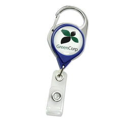 A Custom Printed No Twist Carabiner Badge Reel - Upload Your Logo, branded with "GreenCorp" and a green and black leaf logo. This custom badge reel is both practical and stylish for daily use.