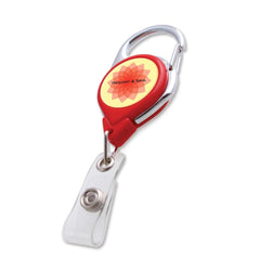 A Custom Printed No Twist Carabiner Badge Reel - Upload Your Logo in red and chrome with a retractable design, plastic clip, and a yellow and orange floral pattern featuring the text "Resort & Spa.