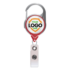 A Custom Printed No Twist Carabiner Badge Reel With Belt Clip - Upload Your Logo, featuring a shield design and the text "Your Logo Here." It has a clear plastic strap with a snap button for attaching ID cards, perfect for custom badge reels to promote brand awareness.