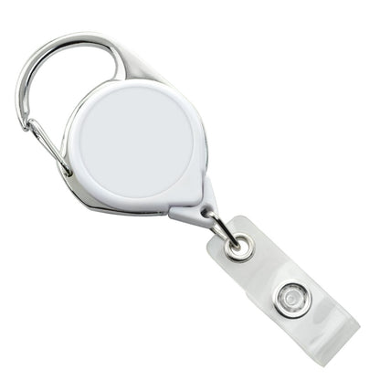 A Carabiner No Twist Badge Reel (P/N 704-CB) with a silver clip, featuring a retractable cord and clear plastic strap with a metal snap, designed with a no-twist mechanism for convenience.