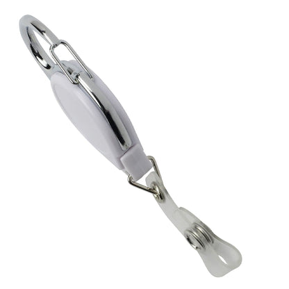 A Carabiner No Twist Badge Reel (P/N 704-CB) features a silver clip and white casing, complete with a round metal carabiner at the top and a metal clip at the end of the retractable cord.