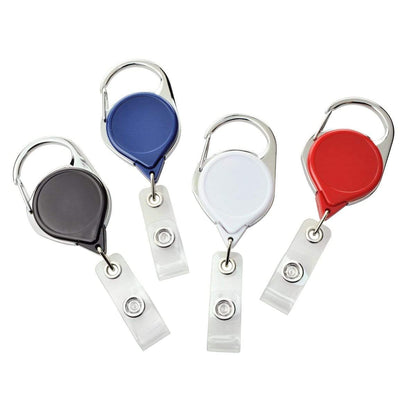 Four No Twist Badge Reels with Carabiner And Belt Clip (704-CLP) in black, blue, white, and red colors with belt clips and clear plastic straps. Designed with a twist-free feature to keep your badges facing forward.