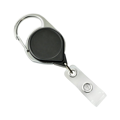 A No Twist Badge Reel with Carabiner And Belt Clip (704-CLP) featuring a metal clip and a plastic strap attachment, with an added twist-free feature for convenience.