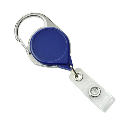A No Twist Badge Reel with Carabiner And Belt Clip (704-CLP) featuring a blue circular case and a clear, plastic clip attachment, enhanced with a carabiner badge reel for easy clipping.