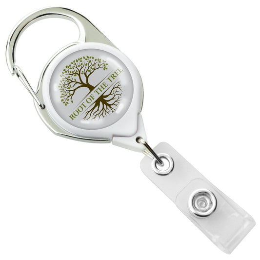 A Custom Printed No Twist Carabiner Badge Reel With Belt Clip - Upload Your Logo with a metal clip and a circular design featuring a tree and the text "ROOT OF THE TREE." Perfect for those looking to promote brand awareness, these custom badge reels can be personalized with your logo for a unique touch.