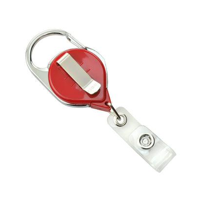 A No Twist Badge Reel with Carabiner And Belt Clip (704-CLP) featuring a clear plastic strap ending in a metal snap button and a twist-free design.